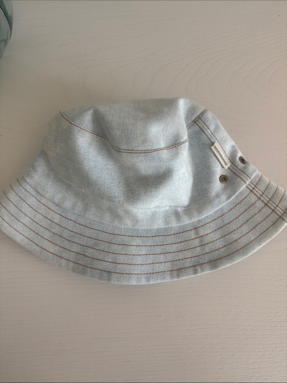 Zimmermann Light Denim Bucket Hat with Brown Topstitching